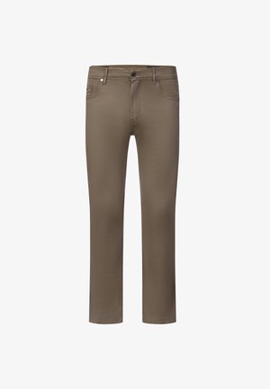 Recht gesneden bruine broek met knoop en ritssluiting aan de voorkant, voorzakken en een muntzakje, met zichtbare stikdetails.
