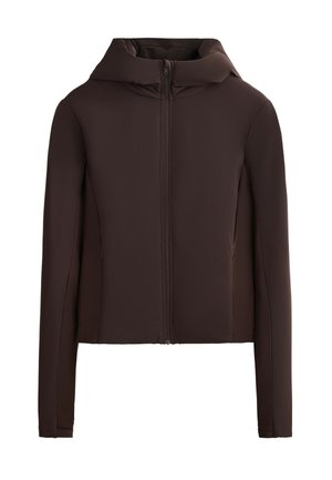 Ruskea vetoketjullinen takki hupulla, jossa on sileä pinta, pitkät hihat ja sivutaskut; suunniteltu istuvaksi.