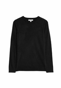 Maglione a collo rotondo di colore nero, lavorato a maglia, con maniche lunghe. Presenta polsini e orlo a coste e una superficie liscia sul corpo.