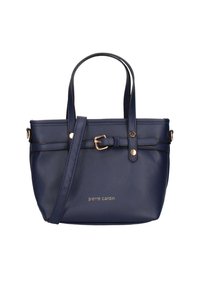 Navy leren handtas met dubbele handvatten, verstelbare afneembare schouderriem, goudkleurige accenten en branding aan de voorkant. Gladde textuur, compact ontwerp.