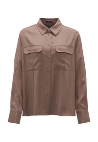Bruine satijnen blouse met lange mouwen, een kraag, twee borstzakken en een knoopsluiting. Kenmerkt zich door een soepele textuur en een relaxte pasvorm.