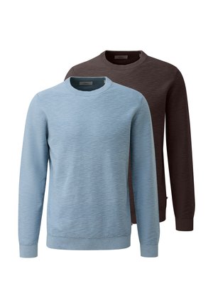 Two long-sleeve crew neck sweaters in light blue and dark brown, displayed one behind the other on a white background.