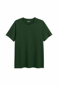 Dunkelgrünes Kurzarm-T-Shirt aus Baumwollmaterial, mit rundem Ausschnitt und geradem Schnitt, ohne Muster oder Akzente.