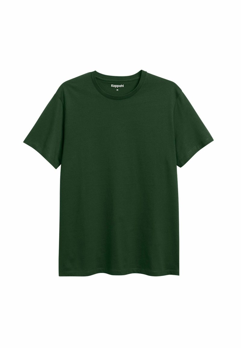 Dunkelgrünes Kurzarm-T-Shirt aus Baumwollmaterial, mit rundem Ausschnitt und geradem Schnitt, ohne Muster oder Akzente.