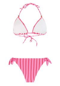 Roze bikiniset met een driehoekige top met witte cups en een gestreepte roze-rode onderkant, vastgebonden aan de zijkanten. Gladde textuur, verstelbare strikken.