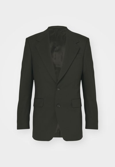 Zwarte op maat gemaakte blazer, enkelgeknoopt ontwerp, met aangeknipte revers, twee voorzakken, glad satijnen voering, stof lijkt op wol, gestructureerde pasvorm.