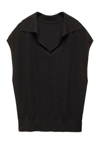 Schwarzer, kurzärmeliger Strickpullover mit V-Ausschnitt und umgeschlagenem Kragen. Er hat ein strukturiertes Gewebe und einen geraden Saum.