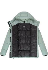 Light green puffer jacket with a hood, black lining, front zip, and toggle. Features quilted sections and interior logo label.