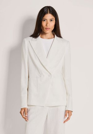 Witte dubbelgeknoopte blazer met revers met inkeping, twee voorzakken en gladde stof. Gecombineerd met bijpassende broek voor een samenhangende uitstraling.