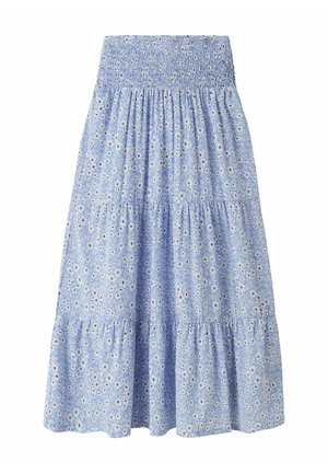 Hellblauer Midirock mit kleinem weißen und marineblauem Blumenmuster, gerafftem elastischem Bund und gestuften, gesammelten Stoffbahnen.