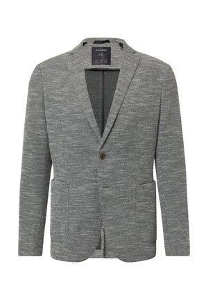 Blazer gris texturé avec revers à crans, fermeture à un bouton marron, deux poches avant et design de dos fendu.