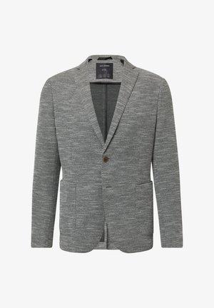 Grijze gestructureerde blazer met notch-lapels, sluiting met één bruine knop, twee voorzakken en een geventileerd rugontwerp.