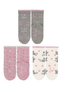 Vier Paare Knöchelsocken: grau mit rosa Katzenmuster, rosa mit Herzen und Pünktchen sowie cremefarben mit grauen Mäusen und Herzen. Rüschenoberteile.