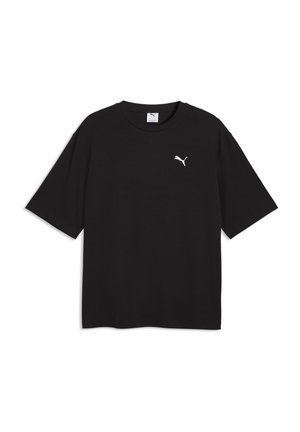 T-shirt noir oversize à manches courtes avec col rond et petit logo Puma blanc sur le côté gauche de la poitrine.