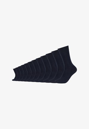 Marineblaue Baumwollsocken in einer Reihe angeordnet, mit einem gerippten Bündchen und glatter Textur. Zwölf Paare vertikal ausgestellt.