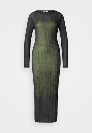 Long-sleeve, ribbed dress featuring a gradient from dark green to black. Made of a lightweight, textured fabric. Floor-length design.