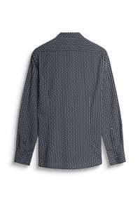 Camicia a maniche lunghe di colore blu scuro, con un motivo geometrico a pois bianchi. Polsini con bottoni e colletto classico con orlo dritto.