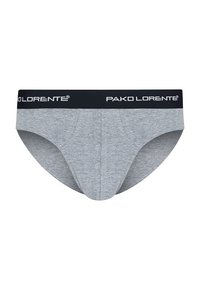 Szare bawełniane figi z czarnym pasem, na którym znajduje się białe logo "PAKO LORENTE". Projekt jest klasyczny, o gładkiej fakturze.