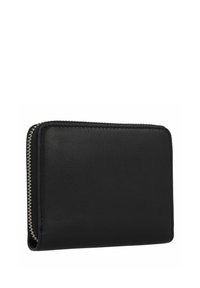 Zwarte leren portemonnee met een gladde textuur, rechthoekige vorm en zilveren ritsdetail langs de rand. Compact ontwerp, minimalistische stijl.