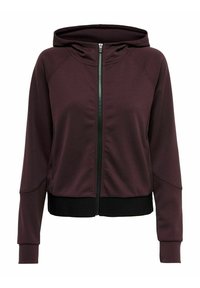 Burgundská mikina se zipem a přiléhavým střihem, raglánovými rukávy a černým lemem. Obsahuje kapuci a jemnou, hladkou texturu látky.