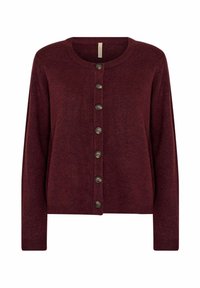 Cardigan bordeaux realizzato in materiale morbido, con scollatura rotonda, maniche lunghe e chiusura a bottoni con bottoni marroni in contrasto.