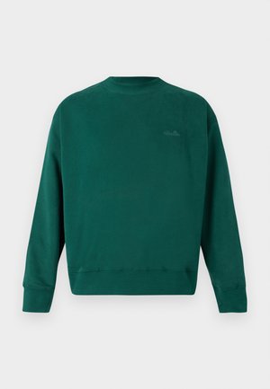 Sudadera de cuello redondo de algodón verde con puños y dobladillo acanalados. Presenta un logo discreto en la parte posterior. Textura suave y corte relajado.