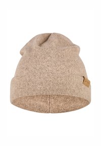Light brown, soft felt beanie with a slouchy design. Features a folded brim and a small tan leather accent tag. Minimalist and textured.