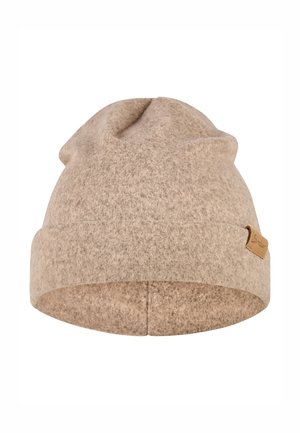 Hellbraune, weiche Filz-Mütze mit einem lässigen Design. Sie hat einen umgeschlagenen Rand und ein kleines, braunes Leder-Label. Minimalistisch und strukturiert.