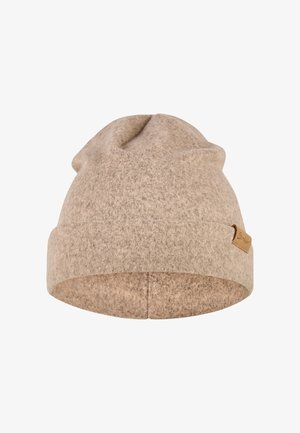 Hellbraune, weiche Filz-Mütze mit einem lässigen Design. Sie hat einen umgeschlagenen Rand und ein kleines, braunes Leder-Label. Minimalistisch und strukturiert.