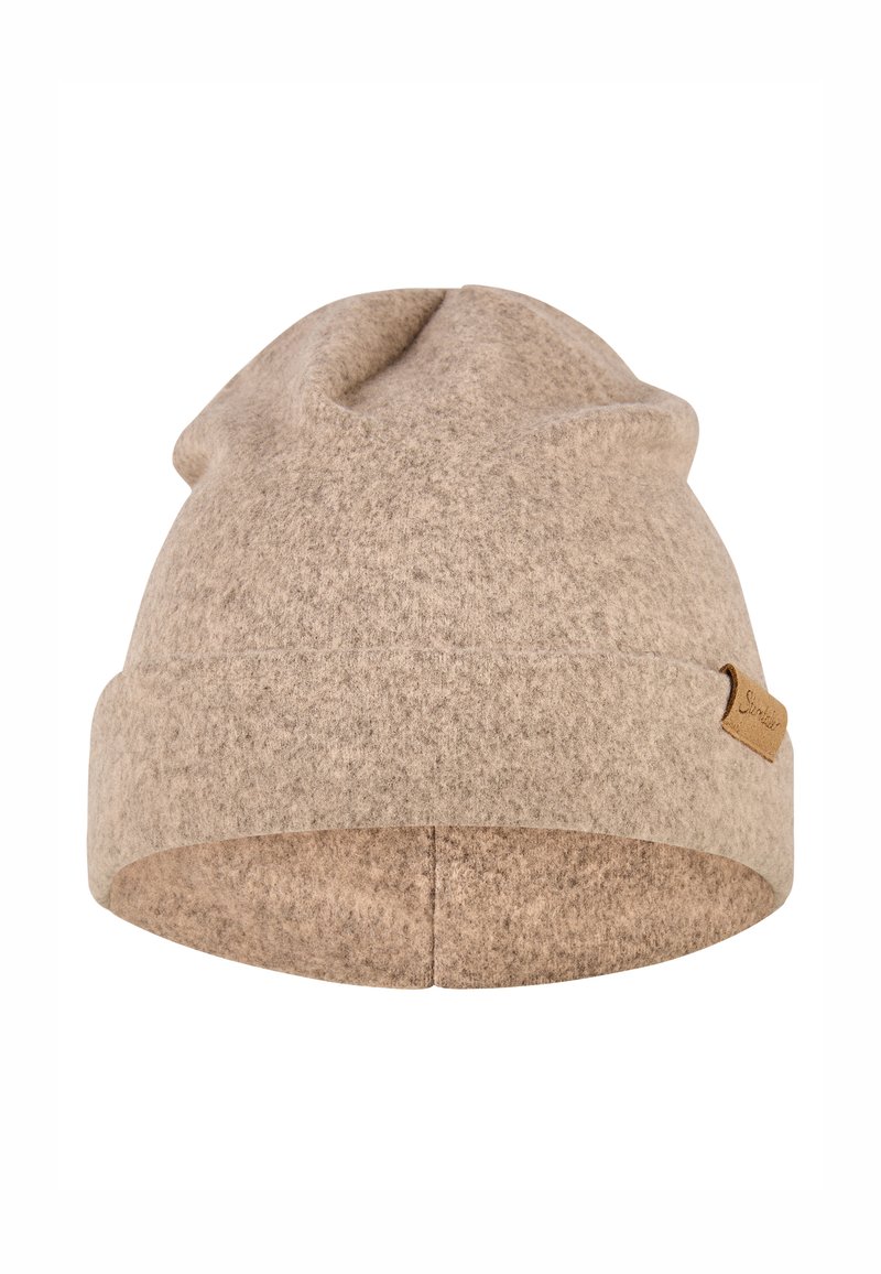 Light brown, soft felt beanie with a slouchy design. Features a folded brim and a small tan leather accent tag. Minimalist and textured.
