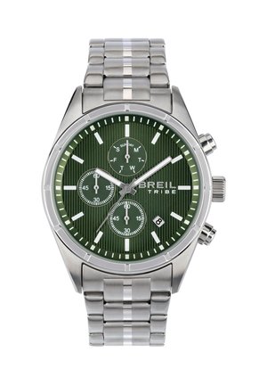 Rustfrit stål kronograf ur med en grøn tekstureret urskive, sølvtimeindekser, subskiver og et datovindue; armbåndsrem-design.