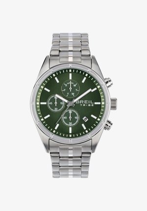 Rustfrit stål kronograf ur med en grøn tekstureret urskive, sølvtimeindekser, subskiver og et datovindue; armbåndsrem-design.
