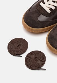Gros plan de baskets en daim marron avec des lacets beige et une paire de lacets marron enroulés placés à côté sur fond blanc.