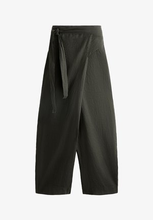 Pantaloni ampi verde scuro realizzati in tessuto leggero, con una vita regolabile e una superficie liscia e leggermente strutturata.
