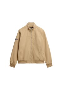 Veste bomber beige avec fermeture éclair à l'avant, col haut, poignets élastiqués et deux poches latérales. Présente un patch logo sur la manche gauche.
