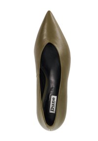 Olive green pointed-toe pump made of smooth leather, featuring an open side, black interior, and a branded insole.
