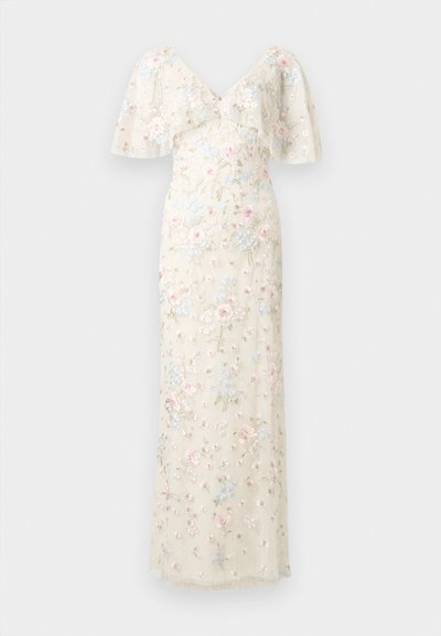 Ελεφαντόδοντο φόρεμα μέχρι το πάτωμα με V-λαιμόκοψη, μανίκια που πετούν και λεπτή παστέλ λουλουδένια κεντήματα σε όλο το φόρεμα.