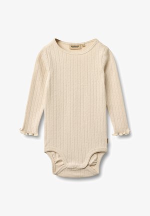 Body a maniche lunghe color crema con texture a coste, caratterizzato da polsini arricciati decorativi e chiusure a scatto sul fondo.