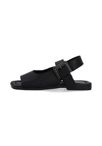 Schwarze Leder-Sandale mit offenem Zehenbereich und einem breiten Riemen. Verfügt über eine Schnalle und einen verstellbaren hinteren Riemen. Flache Sohle für Komfort.