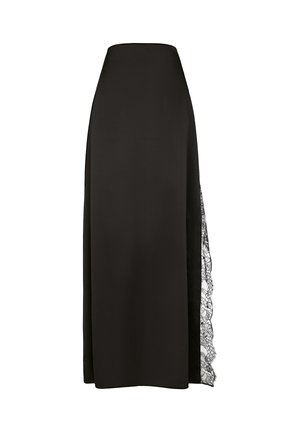 Langer schwarzer Rock mit hoher Taille und einem transparenten Spitzen-Seitenteil, das sich vom mittleren Oberschenkel bis zum Saum erstreckt.