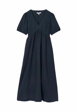 Marineblaues Midikleid mit V-Ausschnitt, Puffärmeln und geraffter Taille, aus leichtem Stoff.