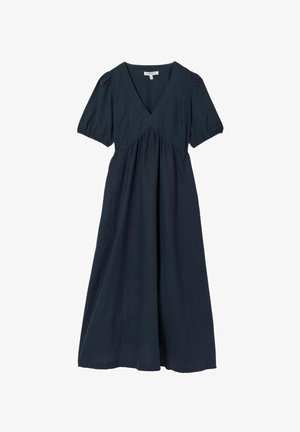 Mørkeblå midi-kjole med V-udskæring, pufærmer og indsnævret talje, lavet af letvægtsstof.