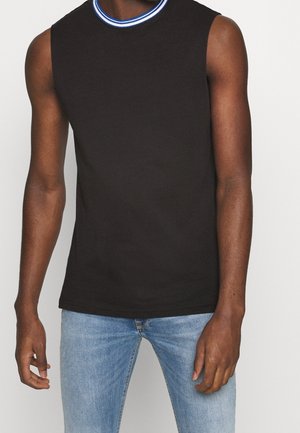 Czarny bawełniany bezrękawnik z okrągłym dekoltem i niebiesko-białym paskowanym kołnierzem. Prosty i dopasowany fason.