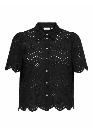 Blouse noire à manches courtes avec boutonnière, motif en dentelle à œillets floraux, ourlet festonné et col pointu.