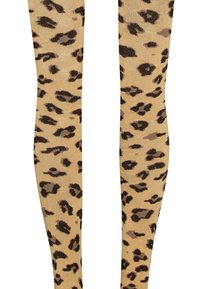 Leopardmuster-Kniestrümpfe mit beigem Grund und dunklen braunen sowie schwarzen Flecken, die eine glatte, elastische Textur aufweisen.