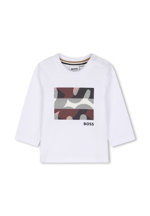 T-shirt bébé à manches longues blanc avec motif abstrait de vagues marron et noir et logo BOSS sur le devant, avec deux boutons-pression à l'épaule.