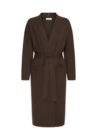 Cardigan marrone di lunghezza al ginocchio con maniche lunghe, scollatura a V profonda, due tasche frontali e una cintura abbinata in tessuto legata in vita.