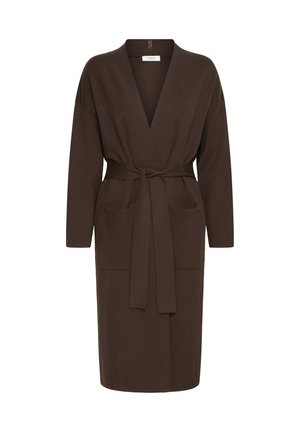 Cardigan marrone di lunghezza al ginocchio con maniche lunghe, scollatura a V profonda, due tasche frontali e una cintura abbinata in tessuto legata in vita.