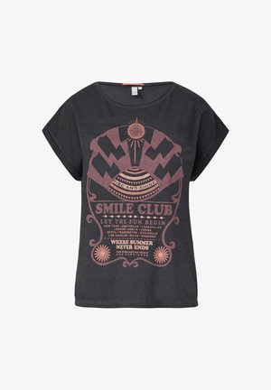 Dunkelgraues, kurzärmliges T-Shirt aus weichem Stoff; verfügt über ein pinkes Grafikdesign mit Text und Mustern, runder Ausschnitt, lässige Passform.
