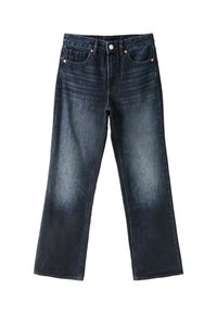 Jean en denim bleu foncé à jambes droites avec poches avant, passants de ceinture et fermeture par bouton, présenté sur fond blanc uni.